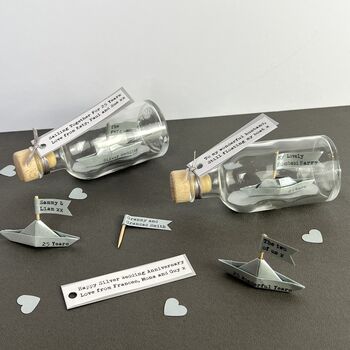 Personalised Silver Paper Ship In A Bottle – Silver Wedding Anniversary Gift, 7 of 9
