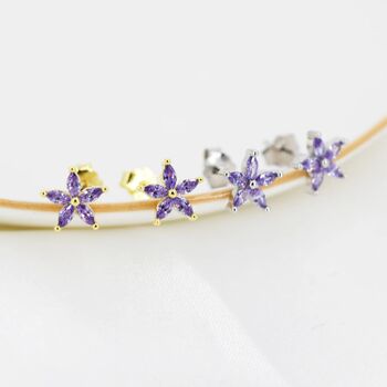Amethyst Purple Cz Flower Stud Earrings Sterling Silver, 3 of 12