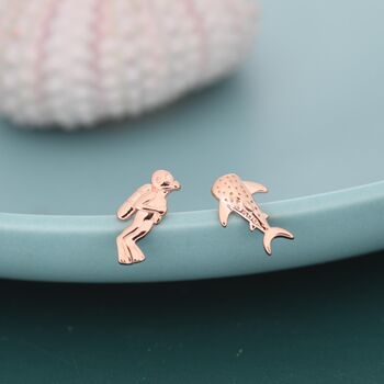 Mismatched Scuba Diver And Whale Shark Stud Earrings In Sterling Silver, 4 of 12