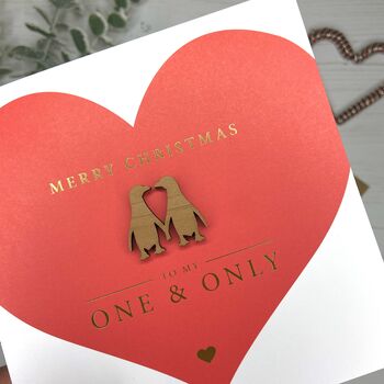 Love Heart Penguin Couple Wooden Christmas Card, 3 of 3