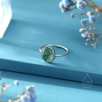 Sterling Silver Large Oval Cabochon Moss Agate Classic Single Stone Engagement Ring, 4 of 12