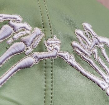 Skeleton Pinky Promise Sage Green Biker Jacket, 8 of 11