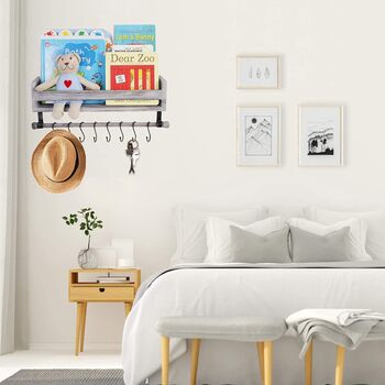 Wooden Grey Floating Shelves With Eight Hooks, 9 of 12