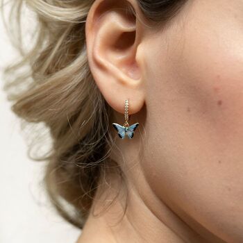 Enamel Blue Butterfly Huggie Earrings, 2 of 5