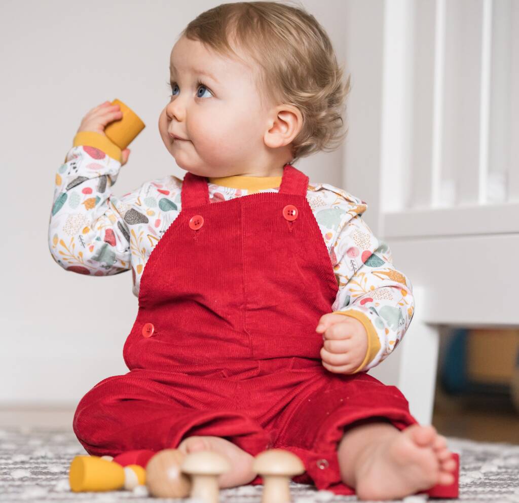Red Organic Cotton Corduroy Dungarees And T Shirt Set, 1 of 6