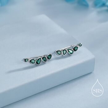 Sterling Silver Emerald Green Droplet Cz Cluster Crawler Earrings, 2 of 12