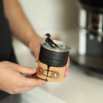 Personalised Reusable Coffee Cup Leakproof Lid With Cork Sleeve, 2 of 11