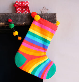 Personalised Christmas Stocking Pom Pom Rainbow Stripe, 2 of 5