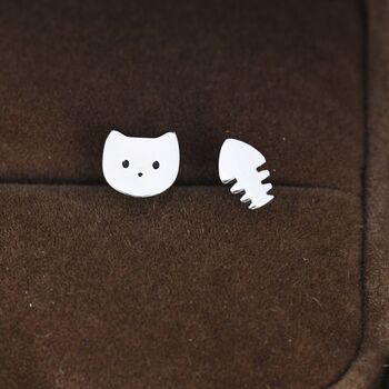 Cat And Fishbone Stud Earrings In Sterling Silver, 4 of 9