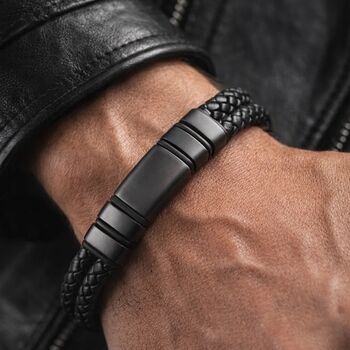 Men’s Adjustable Black Double Leather Bracelet – 12mm Woven Design With Black Stainless Steel Clasp, 2 of 9