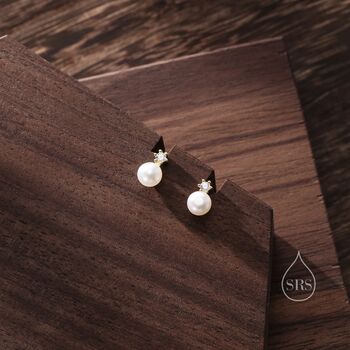 Genuine Pearl And Cz Stud Earrings In Sterling Silver, 2 of 12