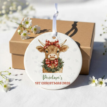 Personalised Baby’s First Christmas Highland Cow Bauble, 2 of 8
