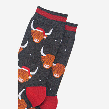 Highland Cow Santa Hat Christmas Bamboo Socks Black Marl Red, 3 of 4