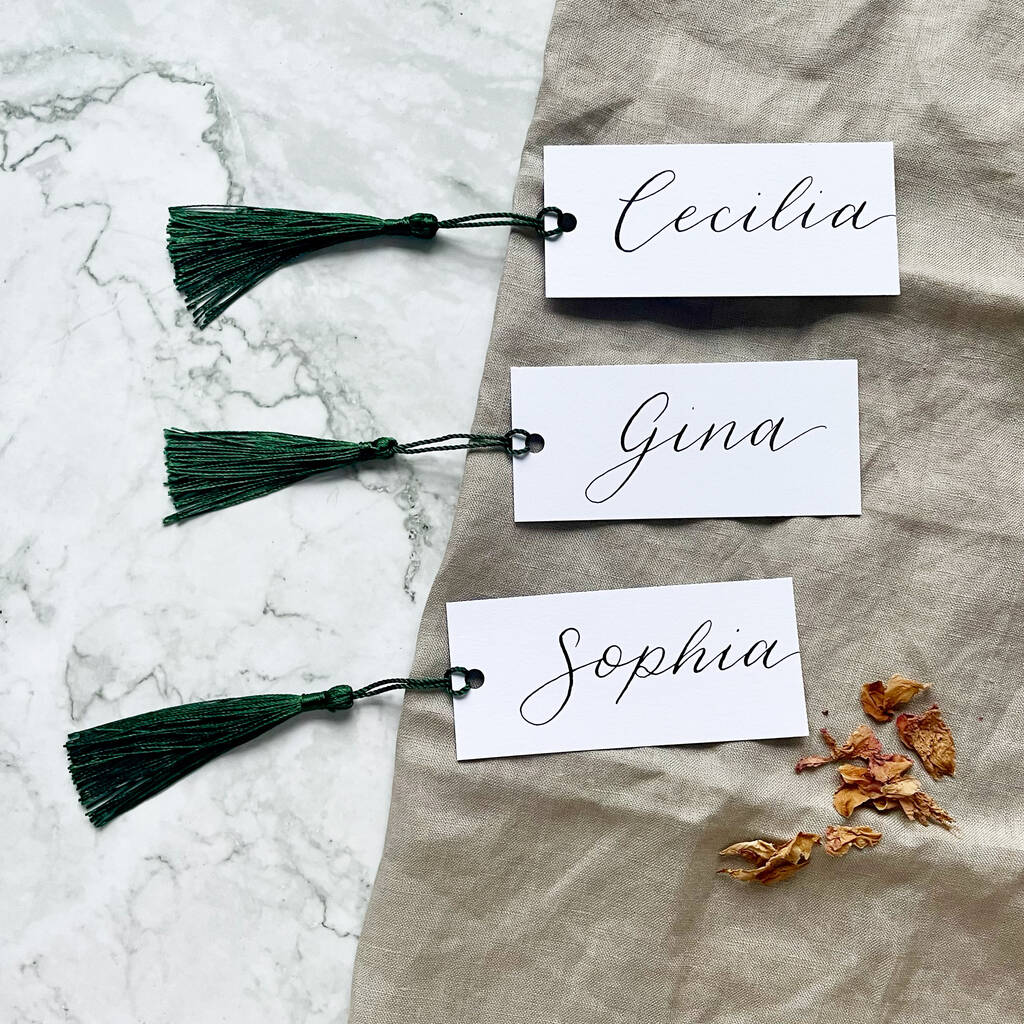 Green Tassel, Hand Calligraphy Place Cards, 1 of 3