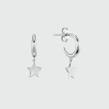 Alta Sterling Silver Moon Hoop Earrings With Star Drops, 3 of 3