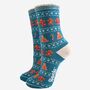 Women's Bamboo Socks Teal Gingerbread Fair Isle, thumbnail 2 of 5