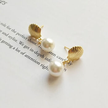 18 K Gold Mermaid Pearl Shell Stud Earrings, 2 of 4