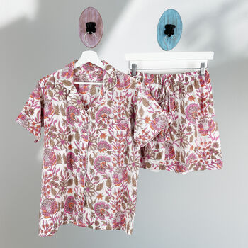 Floral 100% Cotton Ladies Pyjama Short Set In White And Pink, 6 of 9