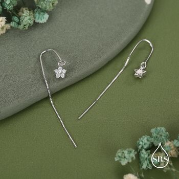 Sterling Silver Cz Flower U Shape Threader Earrings, 6 of 11