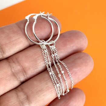 Sterling Silver Beaded Triple Chain Link Drop Hoop Earrings, 3 of 4