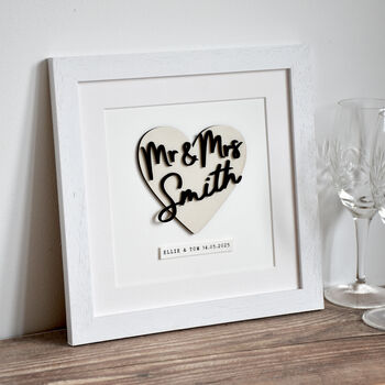 Mr And Mrs Wooden Heart Personalised Wedding Print, 3 of 4