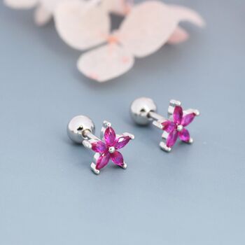 Sterling Silver Ruby Pink Cz Flower Barbell Earrings, 2 of 11