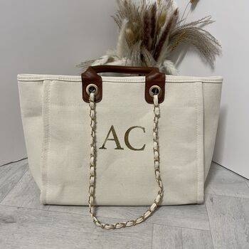 Personalised White Brown Large Chain Tote Beach Bag, 6 of 7