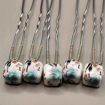 Set Of Five Ceramic Floral Wedding Hair Pins, 3 of 12