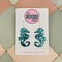 Teal Large Seahorse Glitter Resin Earrings, thumbnail 1 of 4