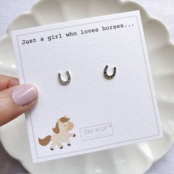 Horseshoe Small Stud Sterling Silver Earrings Just A Girl Who Loves Horses Giftcard, 3 of 9