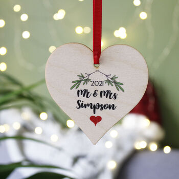 Mr And Mrs Wooden Mistletoe Christmas Tree Decoration, 3 of 6