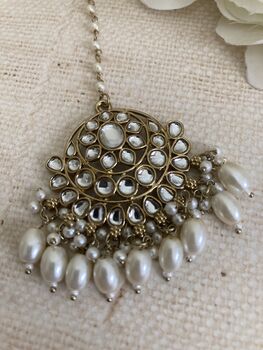 Antique Gold Plated Kundan And Pearl Tikka, 2 of 5