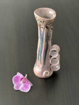 Handmade Porcelain Vase Purple Drip Glaze With Sculptural Handles, 3 of 4