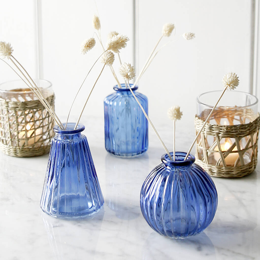 Blue Glass Bud Vases Set Of Three, 1 of 3