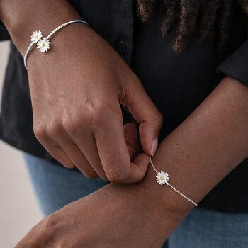 Sterling Silver Double Daisy Flower Cuff Bangle Bracelet, 4 of 6