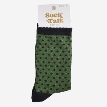 Women's Glitter Socks Khaki Black Small Polka Dots, 5 of 5