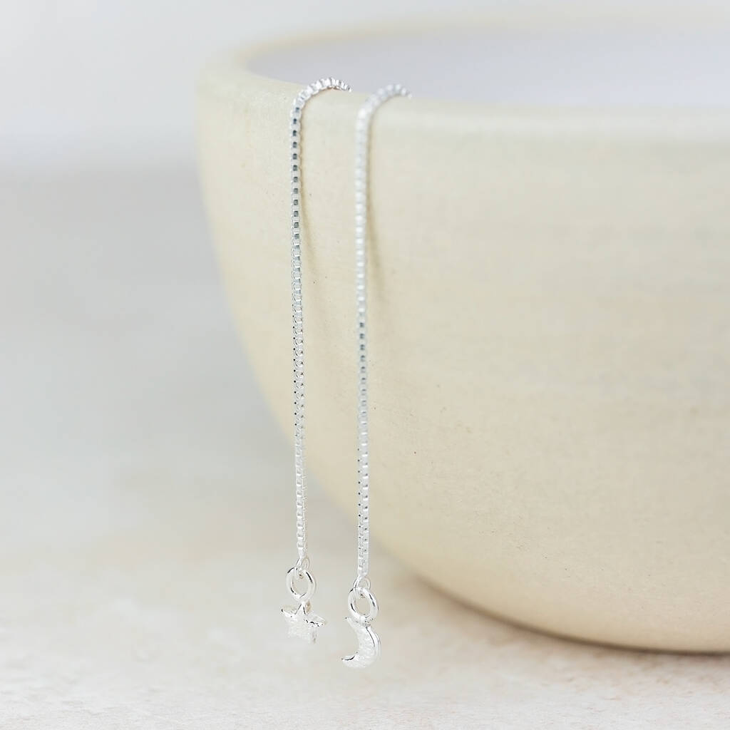 Sterling Silver Mismatch Star And Moon Threader Earrings, 1 of 3