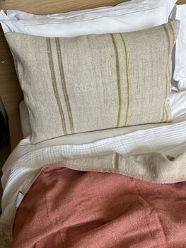 Oblong, Natural, Hemp, Neutral, Woven, Grain Sack, Striped Cushion With Cotton Reverse Trio Of Ochre And Brown Stripes Ochre Middle, 5 of 5