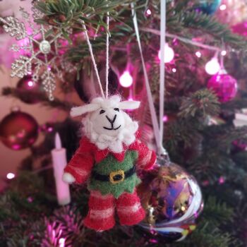 Handmade Felt Elfie Sheep Hanging Christmas Decoration, 2 of 2
