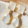 White Moonstone Statement Gold And Silver Drop Stud Earrings, thumbnail 8 of 9