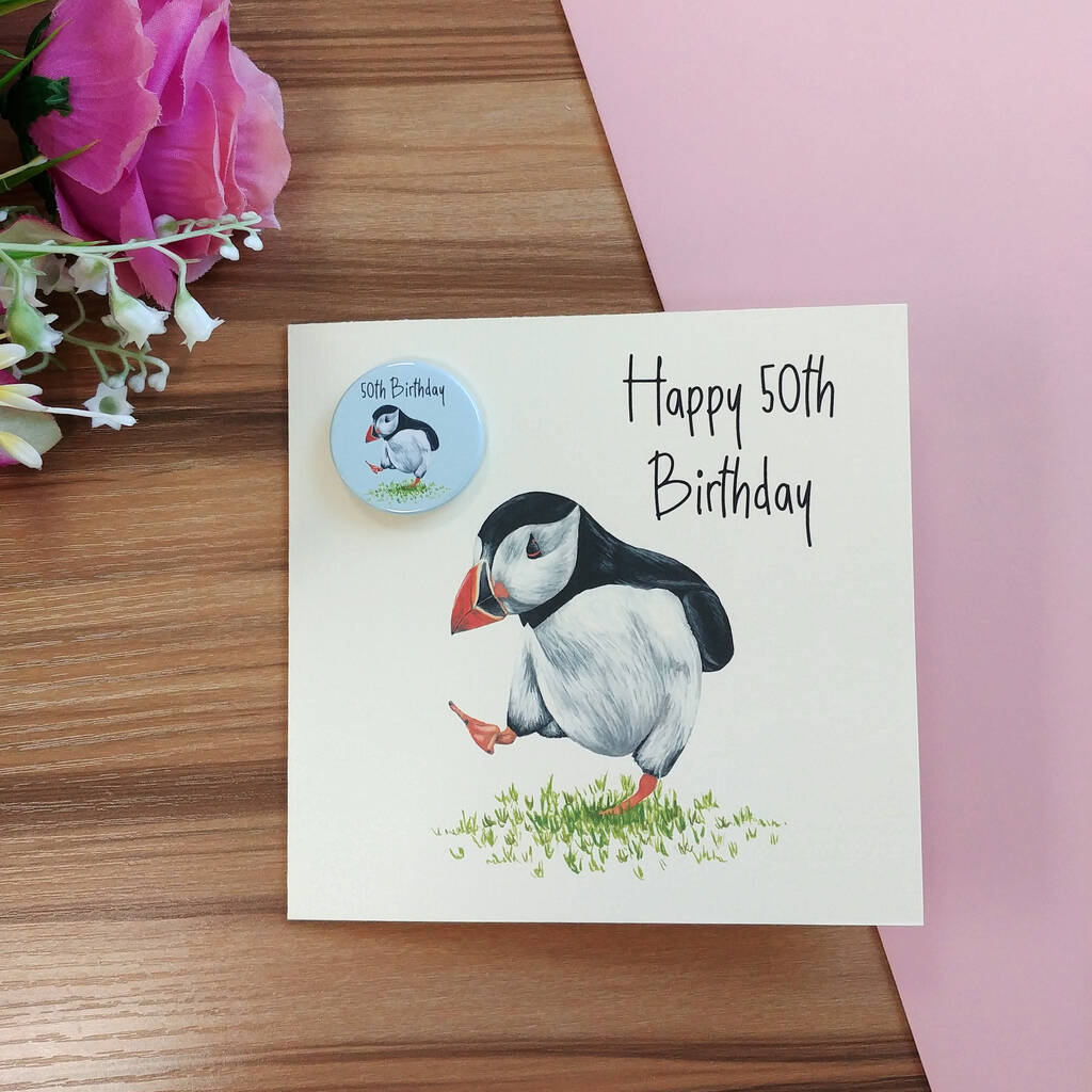 Dancing Puffin Birthday Card With Badge By Laura Stanley Designs