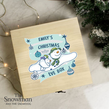Personalised The Snowman And The Snowdog Large Wooden Christmas Eve Box, 2 of 4