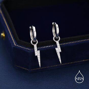 Sterling Silver Lightning Bolt Charm Huggie Hoop Earrings, 3 of 11