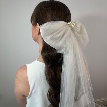 Bridal Ivory Pearl Cluster Soft Tulle Bow Veil, 2 of 9