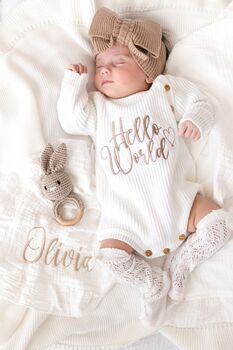 Hello World Embroidered New Baby Long Sleeve Knitted Romper, 3 of 12