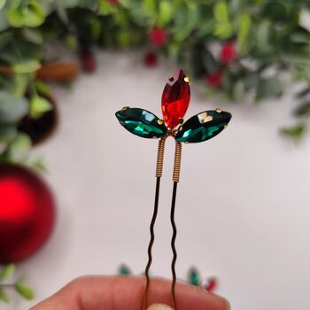 Christmas Red And Green Crystal Hair Pin Set Of Three, 6 of 12