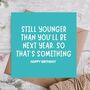 Younger Than Next Year Funny Birthday Card, thumbnail 1 of 3