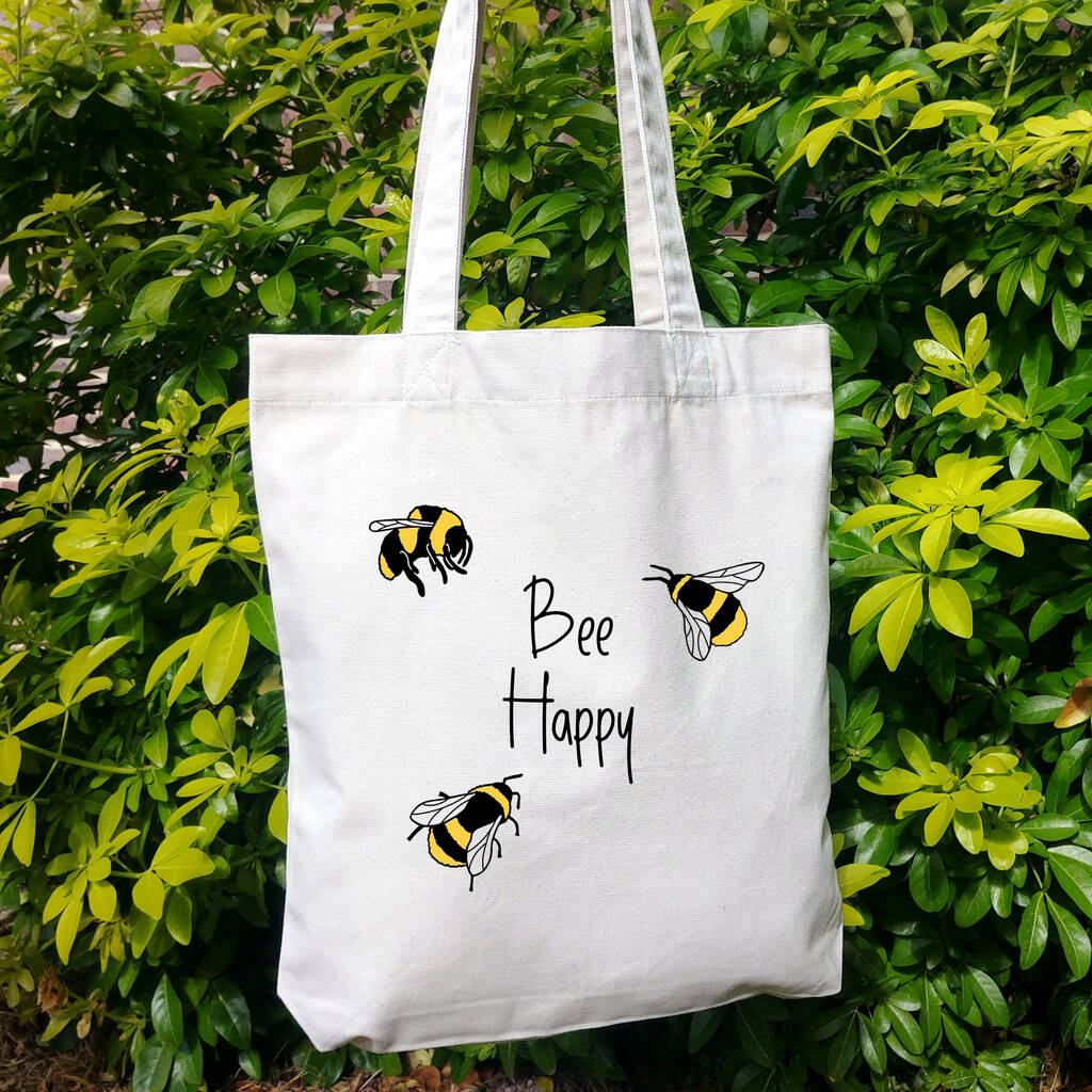 Be Happy Bumble Bee Canvas Tote Bag By Laura Stanley Designs ...
