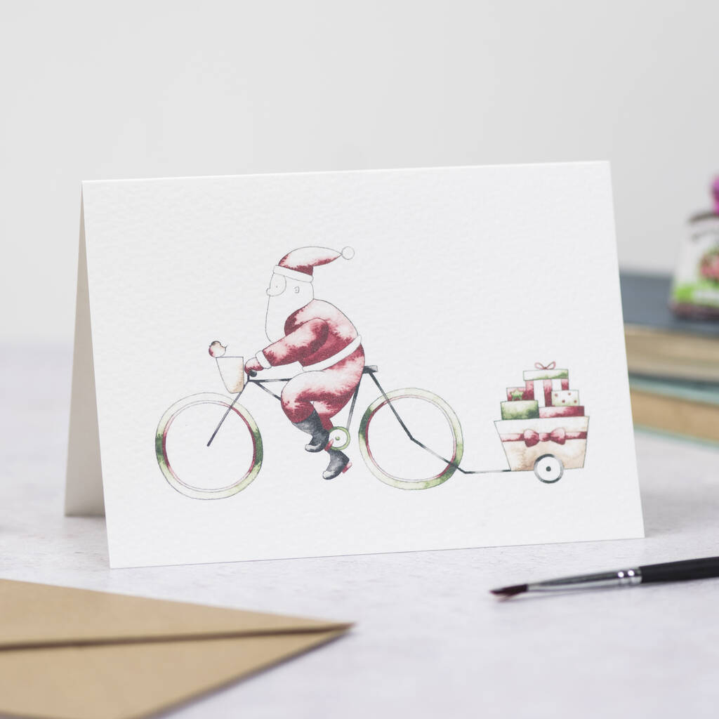 Cycling Santa Christmas Card By Emma Benz Art