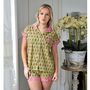 Block Printed Green And Pink Floral Cotton Short Pyjama Set, thumbnail 3 of 5